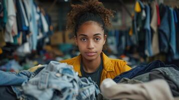 A Young Woman Organizes a Mountain of Clothes in a Cozy Thrift Store During Afternoon Hours photo
