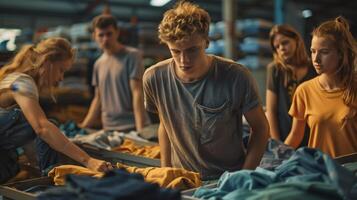 Young Adults Sorting Through Colorful Garments in a Busy Warehouse During Late Afternoon Light photo