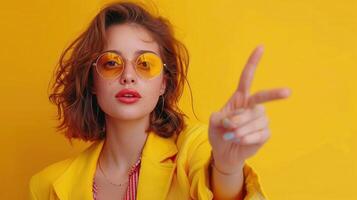 Vibrant Fashion Statement Under Bright Yellow Backdrop in Urban Setting With a Confident Pose photo