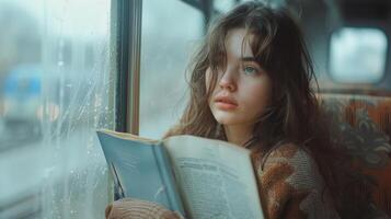 A Young Woman Reading a Book on a Rainy Day Inside a Busy City Bus photo