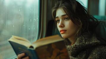 A Young Woman Enjoying a Captivating Book While Traveling on a Rainy Train Journey in Autumn photo