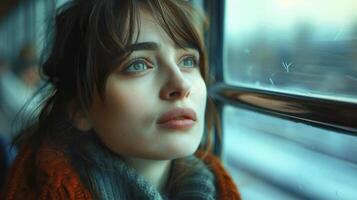 Contemplative Woman Gazing Through Train Window on a Cold Winter Day photo