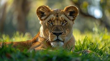 Majestic Lioness Resting Gracefully in Sunlit Grasslands at Golden Hour photo