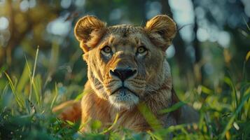 Majestic Lioness Gazing Intently From Lush Green Grass Under Warm Sunlight photo
