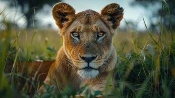 Majestic Lioness Resting Gracefully in Tall Grassy Savannah During Golden Hour Light photo
