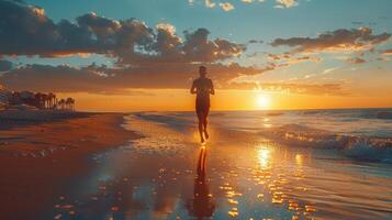 Golden Hour Jogging Along the Serene Beachfront at Sunset in Vibrant Coastal Location photo