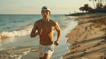 Dynamic Young Man Running Along Serene Beach During Golden Hour at Coastal Paradise photo