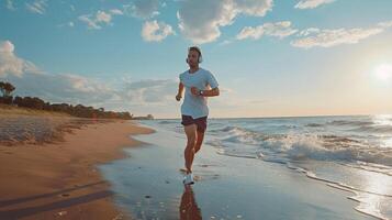 Runner Enjoying a Peaceful Sunset Jog Along the Tranquil Ocean Shoreline photo