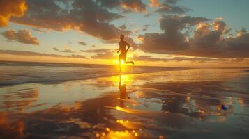 Sunset Runner Enjoys Golden Reflections on the Shoreline During a Peaceful Evening at the Beach photo