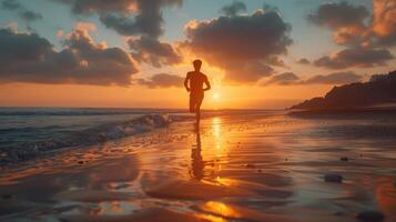 Sunset Silhouette of a Runner on a Tranquil Beach at Dusk With Vibrant Sky Reflections photo