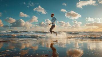Joyful Runner Embracing a Sunrise on a Serene Beach With Waves and Reflections photo