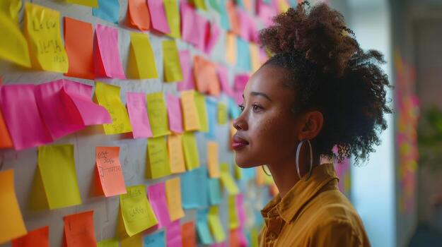 Creative Brainstorming Session in a Colorful Workspace With Sticky Notes and Thoughtful Young Woman photo