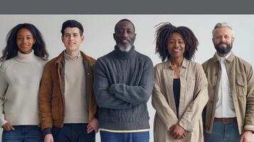 Diverse Group of Five Individuals Standing Together in Stylish Attire Against a Bright Background photo