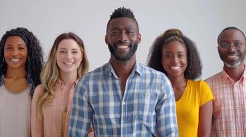 Diverse Group of Friends Smiling Together in Bright Indoor Space During a Joyful Gathering photo