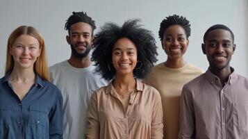 A Diverse Group of Friends Smiling Together in a Bright Modern Space photo