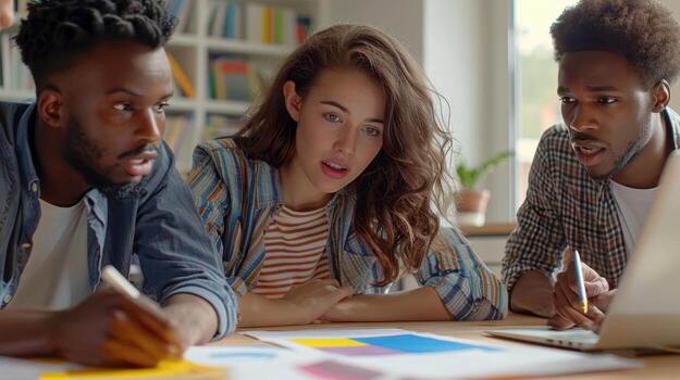 Creative Young Adults Engaged in Collaborative Project in Modern Workspace During Late Afternoon photo