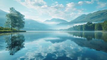 Tranquil Morning Reflections on a Serene Lake Surrounded by Majestic Mountains and Lush Greenery in Early Dawn Light photo