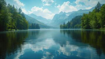 Serene Mountain Lake Reflecting Blue Sky and Lush Greenery During a Sunny Afternoon photo