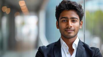 Confident Young Professional Standing in Modern Office Building During Bright Day photo
