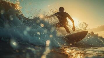 Sunset Surfing Adventure at the Beach With Stunning Waves and Vibrant Reflections photo