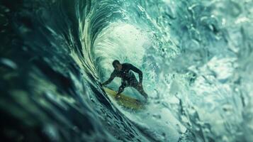 Surfer Riding the Perfect Wave Inside a Turbulent Ocean Barrel at Sunset on a Remote Beach photo