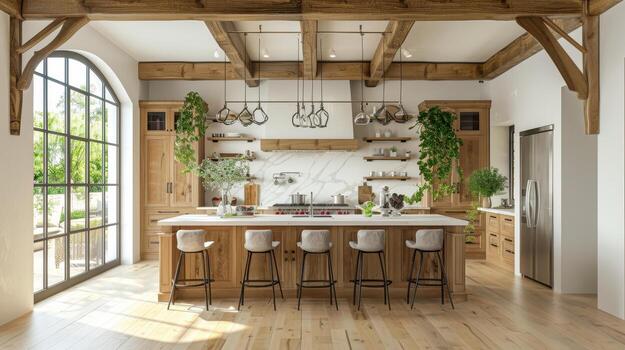 Elegant Rustic Kitchen With Large Island Surrounded by Bar Stools in Sunlit Open Space photo