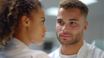 Two Medical Professionals Engaging in Deep Conversation in a Modern Healthcare Facility During Daytime photo
