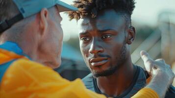 Emotional Moment Between Coach and Athlete During Track Training at Sunset photo