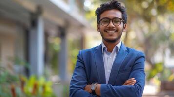 Young Professional Smiling Confidently in Business Attire Amid Lush Greenery On a Sunny Day photo