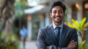Confident Young Professional Poses Smiling Outside Modern Office Building on Sunny Day photo