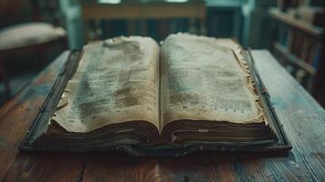 Ancient Open Book Resting on a Rustic Wooden Table in a Cozy Library Nook Bathed in Soft Warm Light photo