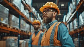 Dedicated Warehouse Workers in Safety Gear Amidst Stacked Inventory in Busy Distribution Center photo