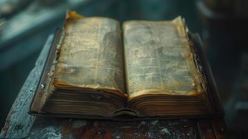 Ancient Tome With Aged Pages Open On A Rustic Wooden Table At Twilight photo