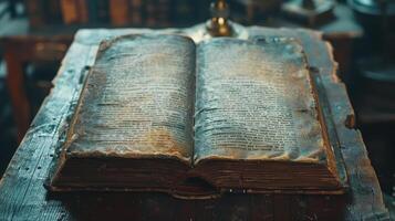 Ancient Book Resting On Rustic Wooden Table In A Quiet Library During Late Evening Hours photo
