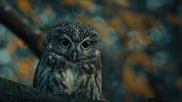 Intriguing Little Owl Perched on a Branch Underneath Autumn Leaves at Twilight photo