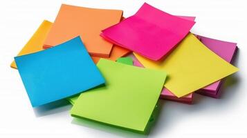 Colorful Collection of Sticky Notes Piled Artistically on a Crisp White Surface in Soft Natural Light photo