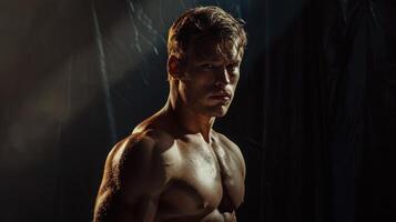 Dramatic Portrait of a Muscular Man in Dim Lighting Captured During an Intense Evening Session photo