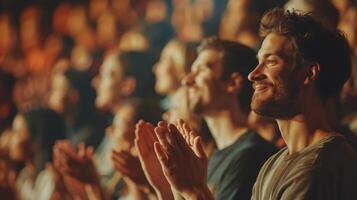 Enthusiastic Crowd Applauding at a Vibrant Live Performance in an Energetic Atmosphere photo