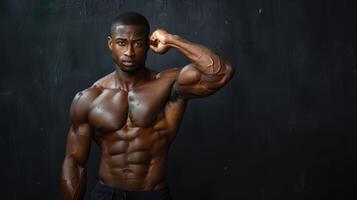 Dynamic Male Fitness Model Posing Dramatically Against A Dark Background In A Modern Gym Setting photo