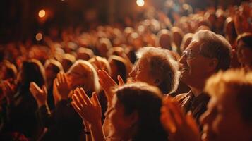 Enthusiastic Audience Applauding Passionate Performance Under Dim Theatre Lights photo