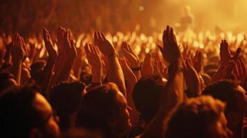 Energized Crowd Clapping Enthusiastically Under Vibrant Stage Lights During Live Music Performance photo