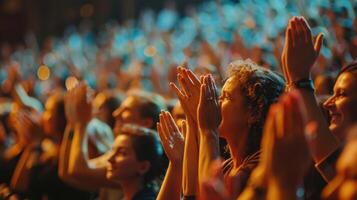 Enthusiastic Audience Expressing Joyful Applause During Live Music Performance at Night photo