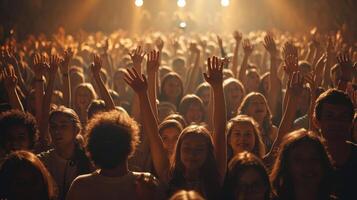 Joyous Crowd Celebrating Together at Night Concert Under Bright Stage Lights photo