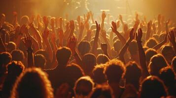 Enthusiastic Crowd Raising Hands at Sunset Concert Under Vibrant Stage Lights photo