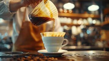 Masterful Barista Skillfully Pouring Freshly Brewed Coffee Into Elegant White Cup at Local Cafe in Early Morning photo