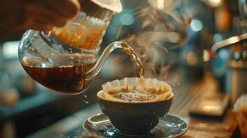 Pouring Freshly Brewed Coffee Into a Ceramic Cup in a Cozy Cafe on a Rainy Afternoon photo