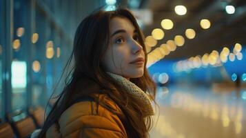 Contemplative Young Woman Gazes Upward at Soft Bokeh Lights in Modern Airport Terminal at Dusk photo