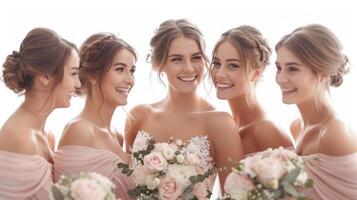 Five Joyful Bridesmaids Celebrating Together in Soft Pastel Dresses With Beautiful Bouquets photo