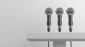 Triple Microphone Arrangement on Podium Ready for Engaging Public Speaking Event in Modern Conference Room Setting photo