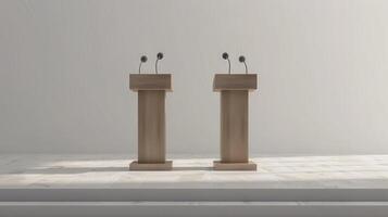 Two Elegant Wooden Podiums Awaiting a Dynamic Debate on a Bright Stage photo